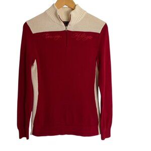 Tommy Hilfiger Red & Cream 1/4 Zip Pullover Sweater Medium